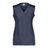 A navy tunic with a wrap design, featuring a pocket and contrasting shoulder panels. It has a logo on the side.