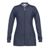 A denim blue jacket with a zip front, long sleeves, a pocket on the chest, and two lower pockets.