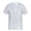 A short-sleeved, white Connor Jacket featuring a buttoned neck and two front pockets, with a logo displayed.