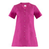 A pink tunic with short sleeves, featuring a button-up front and two front pockets. It has a branding logo.