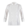 A white chef jacket with a double-breasted design and long sleeves, featuring a stylised logo on the sleeve.