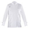 A white chef jacket featuring a double-breasted design and a single breast pocket, with black buttons.