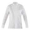 A white executive jacket featuring a unique design with a pocket and a button detail, displayed without a model.