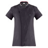 A black short-sleeve jacket with a mandarin collar and a pocket, featuring a logo on the chest.