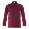 A burgundy chef jacket featuring a mandarin collar and contrasting dark blue accents. It includes a pocket on the left side.