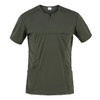 A short-sleeved tunic in olive green with a simple neckline and side pockets, featuring a branded logo.