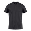 A black tunic with short sleeves, featuring a front closure and two front pockets. It has a logo on the side.