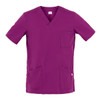 A purple Flavio Tunic with a V-neck, short sleeves, and pockets on the front. It has a logo.