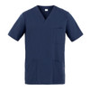 A navy blue Flavio Tunic featuring a V-neck, short sleeves, and multiple pockets. It has a logo.