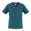 A teal tunic featuring a v-neck design, short sleeves, and multiple pockets. The tunic has a logo detail.