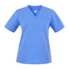 A blue Sonia tunic featuring short sleeves, a v-neck, and multiple pockets. It has a logo on the label.