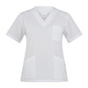 A women's white tunic top featuring a V-neck, short sleeves, and multiple pockets. It has a logo on the label.
