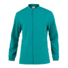 A turquoise tunic jacket with long sleeves and a collar, featuring pockets and a logo.