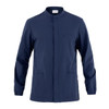 A navy blue tunic jacket with a mandarin collar, featuring long sleeves and front pockets. It has a logo on it.