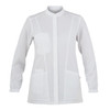 A white tunic jacket with long sleeves and front pockets, featuring a minimalist design and a round collar.