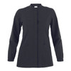A black tunic jacket with a button front and two front pockets, featuring long sleeves and a round neckline.