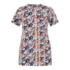 A short-sleeved tunic featuring a vibrant dog-themed print in various colours with a logo.