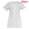 A white short-sleeved tunic featuring buttons and two front pockets, branded with a logo.