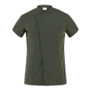 A short-sleeved jacket in olive green with a unique buttoned design and a chest pocket. It features a logo.