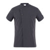 A grey short-sleeved jacket with a unique folded collar and two-button closure, featuring a chest pocket.