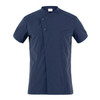 A short-sleeved navy blue jacket with a mandarin collar and button closure, featuring a chest pocket and branding.