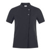 A short-sleeved black tunic with a high collar and two buttons, featuring a sleek design and no visible logos.