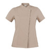 A short-sleeved, beige tunic featuring a mandarin collar and two buttons, with a subtle logo.