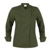 An olive green Agata Jacket with a minimalist design, featuring long sleeves and a folded collar.