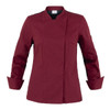 A maroon chef's jacket with a stand-up collar and long sleeves, featuring a logo on the sleeve.