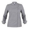 A grey chef jacket with a mandarin collar and rolled cuffs, featuring a logo on the sleeve.