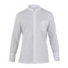 A white, long-sleeved jacket with a mandarin collar and a single pocket on the chest, featuring a logo.