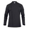 A black chef jacket with a mandarin collar and long sleeves, featuring a small pocket on the left side.