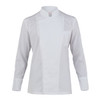 A white chef jacket featuring long sleeves and a mandarin collar, with a pocket on the front.