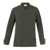 A dark green chef's jacket with a mandarin collar and long sleeves, featuring a small pocket.