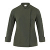 A stylish olive green jacket with a high collar and long sleeves, featuring a small logo.
