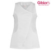 A white Sara Tunic with a crossover design and side pockets, featuring a logo in the top corner.