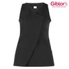 A black tunic with a modern design featuring a wrap front and side pockets. It has a logo in the corner.