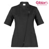 A black Carmen Tunic featuring short sleeves, a zip closure, and two pockets. Includes a logo in the corner.