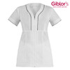 A white tunic with short sleeves, zip closure, and contrasting black piping, featuring two front pockets.