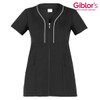A black tunic with a zippered front and short sleeves, featuring white piping and two front pockets.