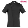 A black tunic with a zip closure and a chest pocket, featuring a logo on the top right corner.