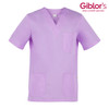 A lilac tunic featuring a V-neck, short sleeves, and multiple pockets. The product has a logo on it.