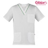 A white tunic with a v-neck, featuring three pockets and green piping details. It includes a logo in the corner.