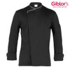 A black chef jacket with a single-breasted design, featuring a pocket and a logo.