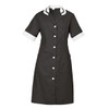 A dark grey dress with short sleeves, white cuffs, a collar, and buttons down the front. It has two pockets.