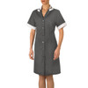 A grey dress with short sleeves and a white collar, featuring buttons down the front.
