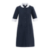 A navy blue dress with a white collar and cuffs, featuring buttons and two front pockets. It has a branding logo.
