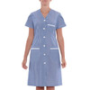 A striped blue dress with short sleeves, featuring a pocket and button closure at the front.