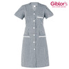 A short-sleeved dress in a black and white gingham pattern with buttons and pockets, featuring a logo.