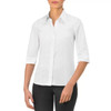 A white women's shirt with three-quarter sleeves and a button-up front, featuring a collar.